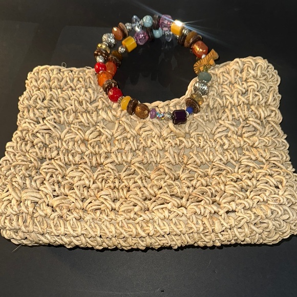 Cappelli Straworld Beige Woven‎ Clutch with Colorful Beaded Handle - Picture 1 of 5